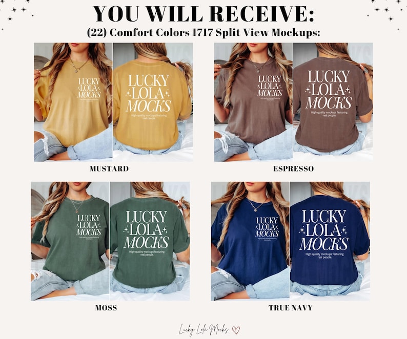 May include: Four different color t-shirts with the text "LUCKY LOLA MOCKS" printed on them. The t-shirts are mustard, espresso, moss, and true navy.