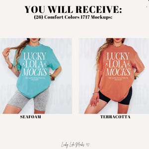 May include: Two mockups of a t-shirt with the text "LUCKY LOLA MOCKS" in white on a teal and terracotta shirt.