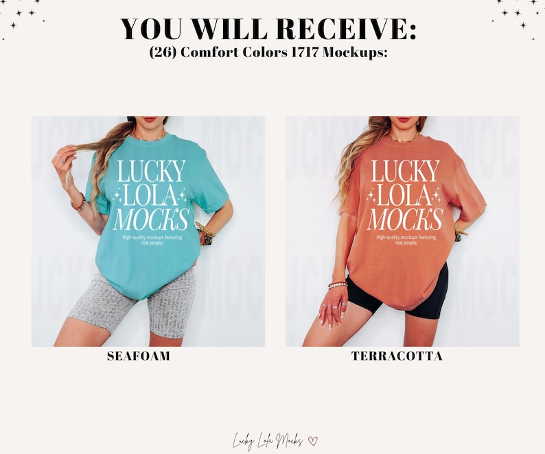 May include: Two mockups of a t-shirt with the text "LUCKY LOLA MOCKS" in white on a teal and terracotta shirt.