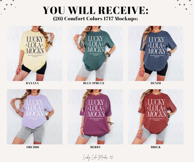May include: Mockup images of a t-shirt in 10 different colors. The t-shirt has the text "LUCKY LOLA MOCKS" printed on it. The colors are: Banana, Blue Spruce, Denim, Orchid, Berry, Brick, Heather Grey, Black, White, and Navy.