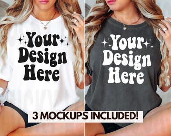 May include: Two women wearing white and grey t-shirts with the text "Your Design Here" in a retro font. The shirts are cropped and have a relaxed fit.