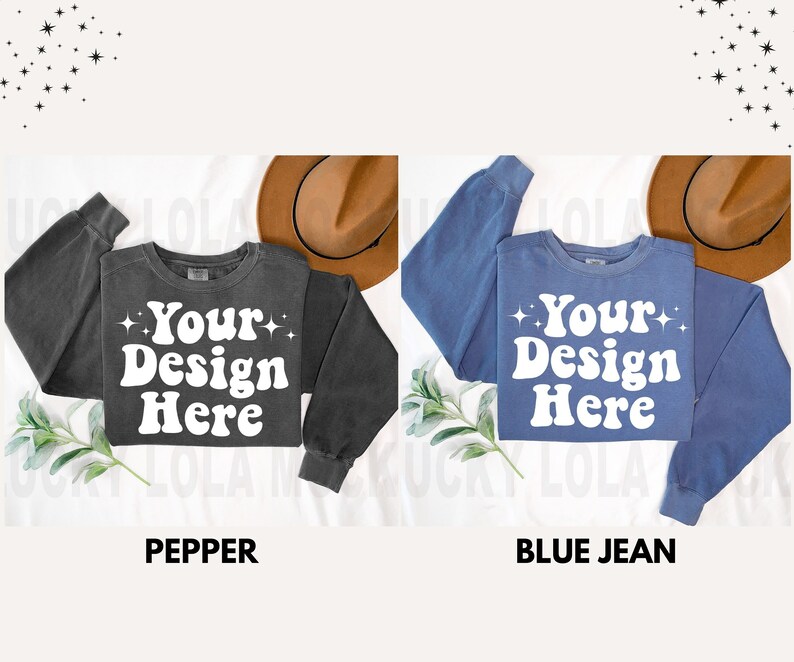 May include: Two sweatshirts with the text "Your Design Here" in a retro font. The sweatshirt on the left is a dark gray color and the sweatshirt on the right is a light blue color.