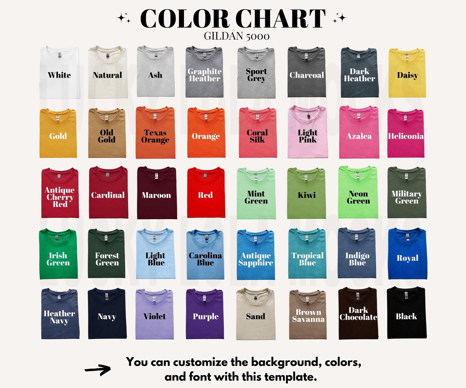 EDITABLE Gildan 5000 Color Chart, Color Swatch Flat Lay Color Guide ...