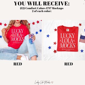 May include: Two red t-shirts with the text "LUCKY +LOLA+ MOCKS" in white. The shirts are on a white background with red and blue stars.
