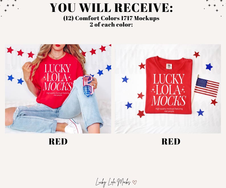 May include: Two red t-shirts with the text "LUCKY +LOLA+ MOCKS" in white. The shirts are on a white background with red and blue stars.
