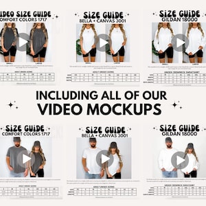 May include: A size guide for t-shirts with video mockups showing the different sizes on models. The brands included are Comfort Colors 1717, Bella + Canvas 3001, and Gildan 18000.