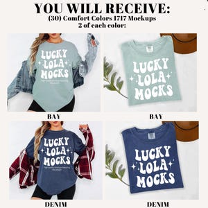 Pu&ograve; includere: Immagine mockup con quattro magliette in diversi colori: baia e denim. Ogni maglietta mostra il testo "LUCKY LOLA MOCKS" in un font retr&ograve; bianco. L'immagine include il testo "YOU WILL RECEIVE: (30) Comfort Colors 1717 Mockups 2 of each color:"