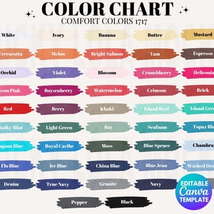 Carta de colores Comfort Colors 1717 editable, muestrario de colores editable, carta de colores C1717 editable, maqueta de la carta de colores Comfort Colors 1717