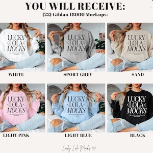 Op de afbeelding: Een mockup van een Gildan 18000 sweatshirt in 10 verschillende kleuren: wit, sport grijs, zand, licht roze, lichtblauw, zwart, marine, grijs melange, rood en teal. Het sweatshirt heeft de tekst "Lucky Lola Mocks" erop gedrukt.