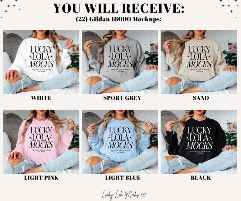 Op de afbeelding: Een mockup van een Gildan 18000 sweatshirt in 10 verschillende kleuren: wit, sport grijs, zand, licht roze, lichtblauw, zwart, marine, grijs melange, rood en teal. Het sweatshirt heeft de tekst "Lucky Lola Mocks" erop gedrukt.