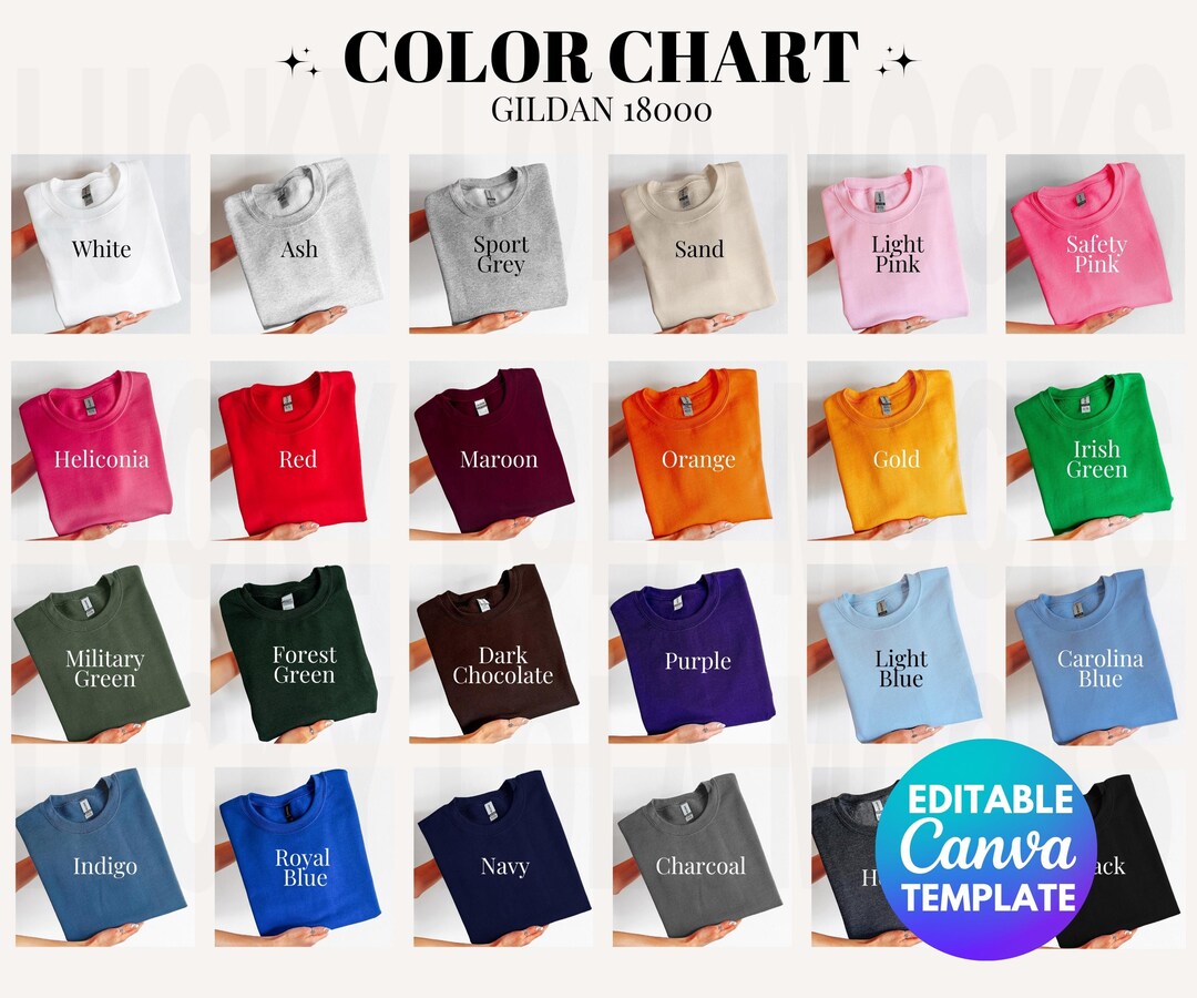 Editable Gildan 18000 Color Chart, Gildan Sweatshirt Color Chart, 18000 ...