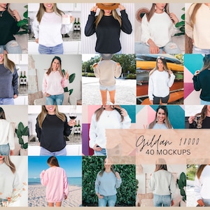 May include: A collection of 40 Gildan 18000 mockups featuring various colors and styles of sweatshirts. The mockups are displayed on models in different settings, showcasing the versatility of the sweatshirts.