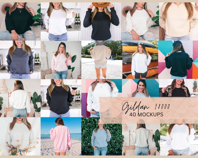 May include: A collection of 40 Gildan 18000 mockups featuring various colors and styles of sweatshirts. The mockups are displayed on models in different settings, showcasing the versatility of the sweatshirts.