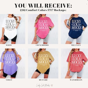 May include: A mockup of a t-shirt in 10 different colors. The t-shirt is a relaxed fit and features the text "Lucky Lola Mocks" in white lettering. The colors are white, crunchberry, true navy, violet, mustard, watermelon, black, heather grey, teal, and pink.