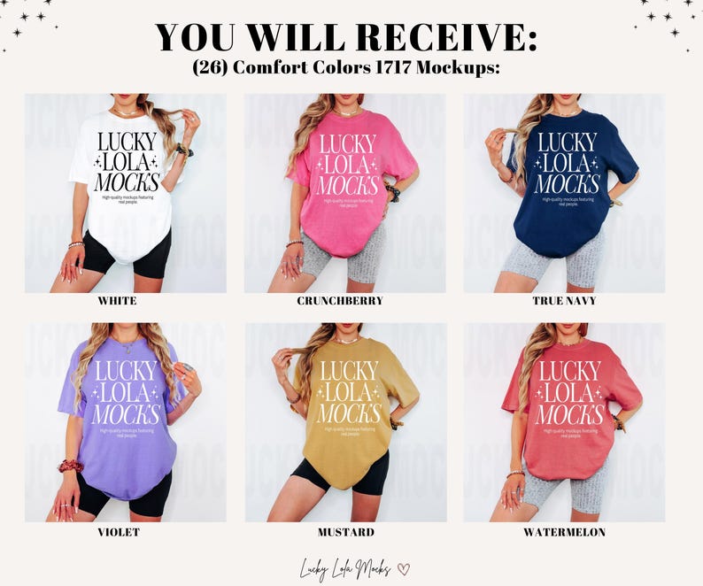 May include: A mockup of a t-shirt in 10 different colors. The t-shirt is a relaxed fit and features the text "Lucky Lola Mocks" in white lettering. The colors are white, crunchberry, true navy, violet, mustard, watermelon, black, heather grey, teal, and pink.
