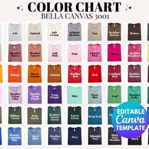 Tabella colori Bella Canvas 3001 modificabile, Tabella colori Bella Canvas, Tabelle colori Bella modificabili, Tabella colori 3001 modificabile, Bella Canvas 3001