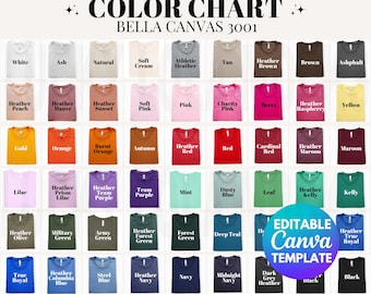 EDITABLE Bella Canvas 3001 Color Chart, Bella Canvas Color Chart, Editable Bella Color Charts, 3001 Color Chart Editable, Bella Canvas 3001