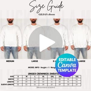 Puede incluir: Guía de tallas de sudadera unisex Gildan 18000 blanca. La guía incluye medidas en pulgadas para tallas de la S a la 5XL. El modelo mide 183 cm. También se ve el texto "Size Guide" y "Editable Canva Template".