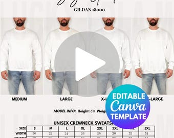 Maqueta de video editable Gildan 18000 para hombre, tabla de tallas de video Gildan, maqueta de 18000 para hombre, video de 18000 para hombre, maqueta de g180, tabla de tallas de video de 18000