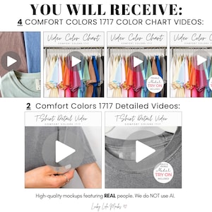 May include: A digital product listing featuring four Comfort Colors 1717 color chart videos and two detailed t-shirt videos. The graphics display various t-shirt colors on hangers, close-ups of fabric texture, and labels with play buttons overlaid.