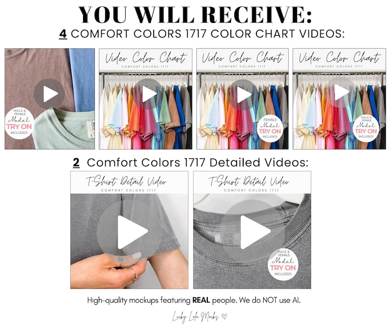 May include: A digital product listing featuring four Comfort Colors 1717 color chart videos and two detailed t-shirt videos. The graphics display various t-shirt colors on hangers, close-ups of fabric texture, and labels with play buttons overlaid.