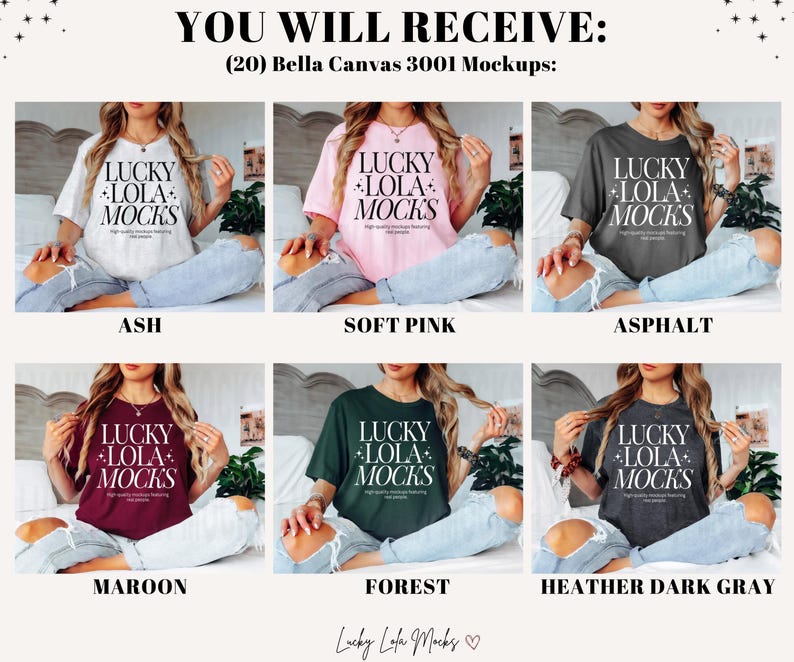 May include: Twenty Bella Canvas 3001 mockups in various colors, including ash, soft pink, asphalt, maroon, forest, and heather dark gray. Each mockup features a short-sleeved t-shirt with the text "LUCKY LOLA MOCKS" printed on the front.