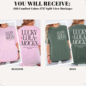May include: Two Comfort Colors 1717 t-shirt mockups are displayed. One is a light pink, the other is a moss green. Each mockup shows the front and back of the shirt, with the text "LUCKY LOLA MOCKS" printed on them.