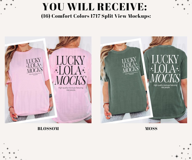 May include: Two Comfort Colors 1717 t-shirt mockups are displayed. One is a light pink, the other is a moss green. Each mockup shows the front and back of the shirt, with the text "LUCKY LOLA MOCKS" printed on them.