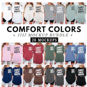 May include: A collection of t-shirts in various colors, each featuring the text "LUCKY LOLA MOCKS" in a stylized font. The image showcases a variety of shirt colors, including white, grey, pink, and blue, with the words "COMFORT COLORS" and "1717 MOCKUP BUNDLE" in the center.