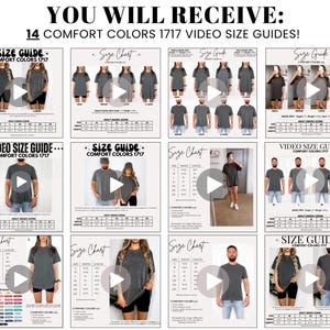 May include: A digital collection of 14 Comfort Colors 1717 video size guides featuring various models wearing grey t-shirts. Each panel displays sizing charts with width and length measurements in inches, alongside play buttons for video content.