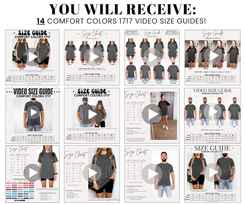 May include: A digital collection of 14 Comfort Colors 1717 video size guides featuring various models wearing grey t-shirts. Each panel displays sizing charts with width and length measurements in inches, alongside play buttons for video content.