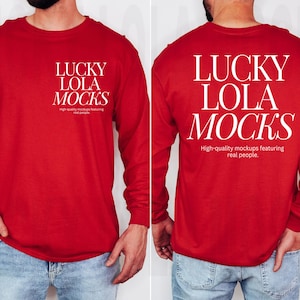 Gildan 2400 Red Front and Back Mockup, Gildan 2400 Mockup, Gildan Long Sleeve Mockup, Long Sleeve Shirt Mock Up, Model Mockup, Front Back