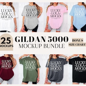 May include: A mockup bundle of 25 Gildan 5000 t-shirts in various colors, including white, gray, pink, light blue, maroon, green, gray, and black. Each shirt features the text "LUCKY LOLA MOCKS" printed on the front.