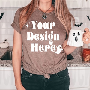 Bella Canvas 3001 Heather Brown Mockup, Fall Shirt Mockup, Spooky Mockup, Model Mockup, Heather Brown T-shirt Mockup, Halloween Mockup
