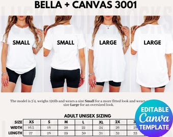 Bearbeitbare Größentabelle für Bella Canvas 3001, Größentabelle für Übergrößen, Größenratgeber-Mockup, Größenratgeber 3001, Bella-Größentabelle, Größentabellen-Mockup