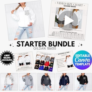 May include: A white zip-up hoodie with the text "LUCKY LOLA MOCKS" is featured in this image. The image also includes a size chart, color chart, and washing instructions. The words "STARTER BUNDLE" and "EDITABLE Canva TEMPLATE" are also visible.