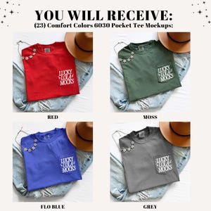 May include: Four Comfort Colors 6030 pocket tee mockups in red, moss, flo blue, and grey. Each shirt has a pocket with the text "LUCKY + LOLA + MOCKS" and a decorative embellishment. A brown hat and jeans are also in the image.