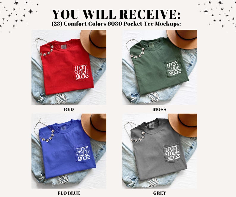 May include: Four Comfort Colors 6030 pocket tee mockups in red, moss, flo blue, and grey. Each shirt has a pocket with the text "LUCKY + LOLA + MOCKS" and a decorative embellishment. A brown hat and jeans are also in the image.