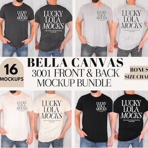 Bella Canvas 3001 bundel voorkant achterkant, mock-up voor- en achterkant heren, Bella voorkant en achterkant ronde hals mockup, mockupbundel voor- en achterkant