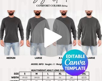 Editable Men Comfort Colors 6014 Video Size Chart, 6014 Male Mockups, Comfort Colors 6014 Video Mockup, Comfort Colors Long Sleeve 6014
