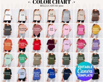 Editable Color Chart Bella Canvas 3001, Bella 3001 Color Chart, Editable 3001 Color Chart, Color Chart Mockups Bella Canvas 3001