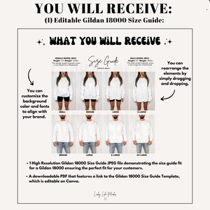 May include: A size guide for Gildan 18000 apparel, featuring images of models wearing various sizes of white sweatshirts. The guide includes text that says "WHAT YOU WILL RECEIVE" and "YOU WILL RECEIVE". The guide is editable and customizable.