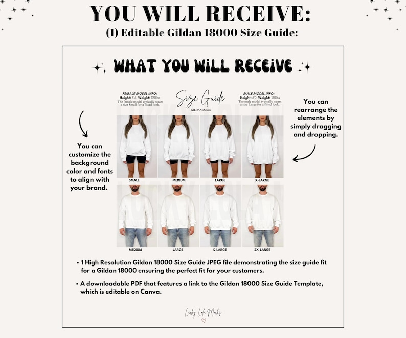 May include: A size guide for Gildan 18000 apparel, featuring images of models wearing various sizes of white sweatshirts. The guide includes text that says "WHAT YOU WILL RECEIVE" and "YOU WILL RECEIVE". The guide is editable and customizable.