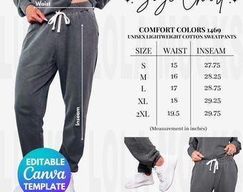 Puede incluir: Tabla de tallas para pantalones deportivos unisex en tallas S, M, L, XL y 2XL. La tabla muestra las medidas de cintura y entrepierna en pulgadas. Los pantalones deportivos están hechos de 100% algodón peinado suave y tienen bolsillos laterales forrados de jersey.