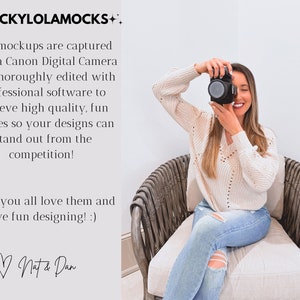 May include: A woman holding a black camera, smiling, and sitting in a wicker chair. She is wearing a cream-colored sweater and light blue jeans. The image includes text that reads "LUCKYLOLAMOCKS" and text about the mockups.
