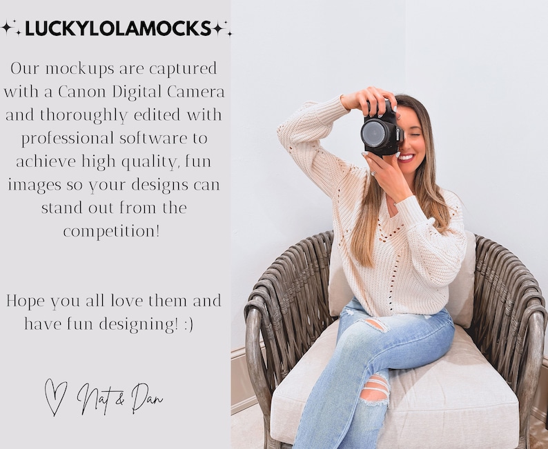 May include: A woman holding a black camera, smiling, and sitting in a wicker chair. She is wearing a cream-colored sweater and light blue jeans. The image includes text that reads "LUCKYLOLAMOCKS" and text about the mockups.