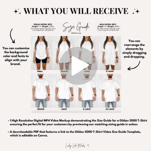 May include: A size guide graphic for Gildan 5000 T-shirts. The image shows models wearing white t-shirts in various sizes, from Small to 2X-Large. Text includes "What You Will Receive" and "Size Guide".