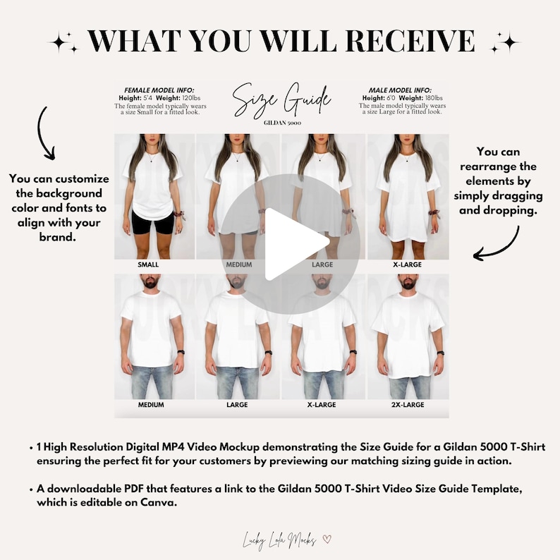 May include: A size guide graphic for Gildan 5000 T-shirts. The image shows models wearing white t-shirts in various sizes, from Small to 2X-Large. Text includes "What You Will Receive" and "Size Guide".