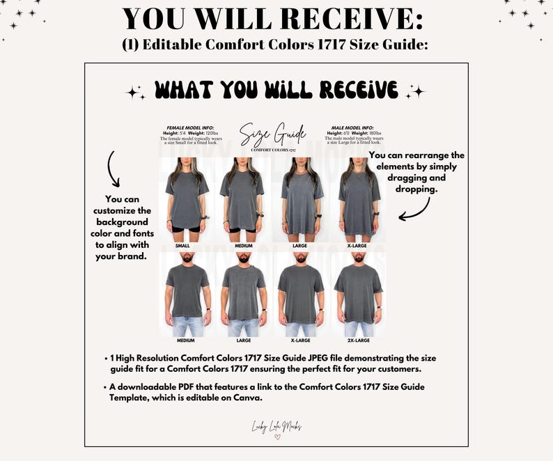 May include: A size guide for Comfort Colors 1717 t-shirts. The guide shows models wearing the shirts in various sizes, from small to 2X-large. Text includes "What You Will Receive" and instructions for customization.