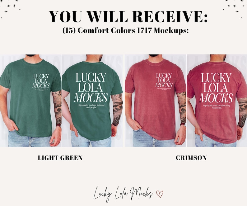 May include: Four t-shirts in different colors, light green and crimson, with the text "Lucky Lola Mocks" printed in white on the front and back. The text is in a modern, minimalist font. The t-shirts are made of a soft, comfortable fabric and are perfect for everyday wear.